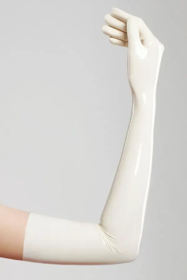 Glossy seamless white latex gloves with 61cm opera length over the elbow