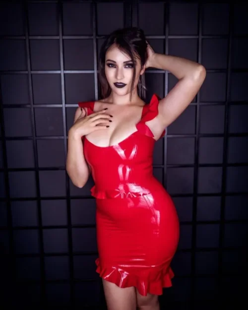 Red Latex 2-Piece Set – Ruffle Frill Top & Asymmetric Pencil Skirt