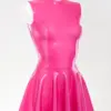 Glossy metallic fuchsia latex skater dress with fit and flare silhouette and high neckline