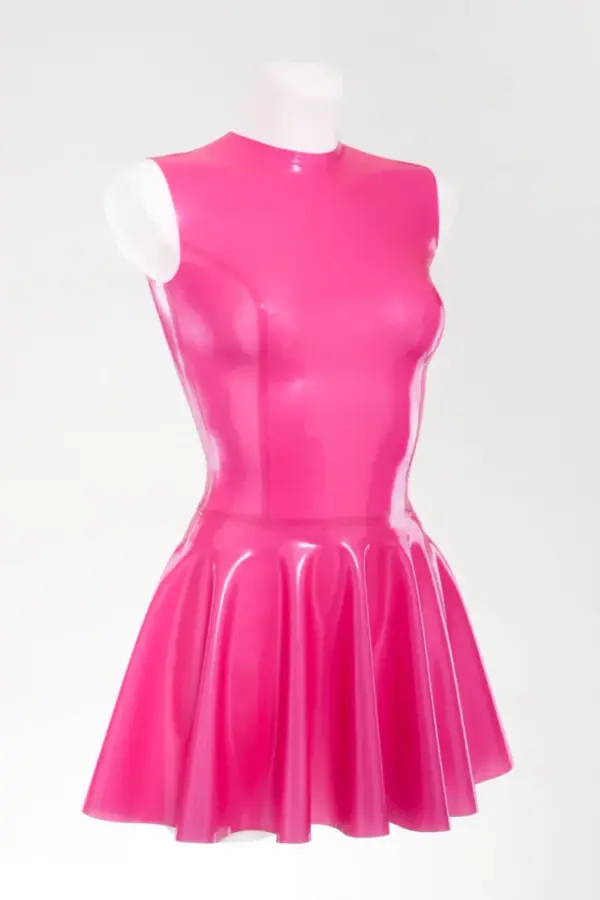 Glossy metallic fuchsia latex skater dress with fit and flare silhouette and high neckline