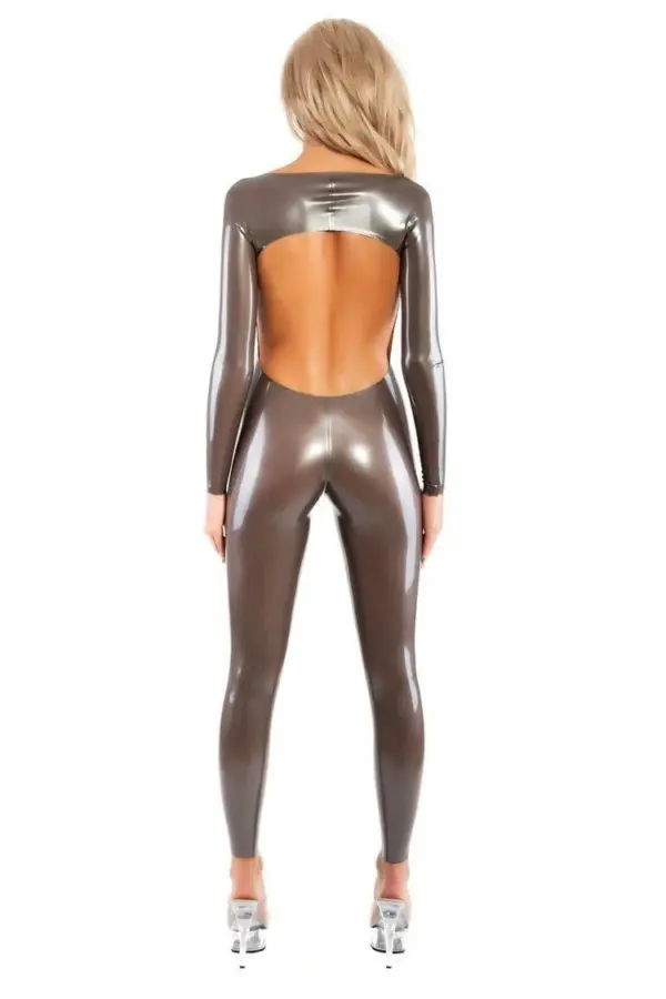 Open-Back Latex Catsuit with Front Zipper – Metallic Platinum Finish