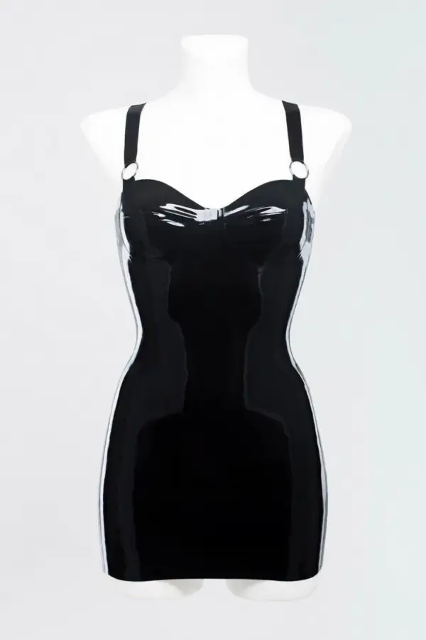 Glossy black latex mini dress with molded cups and stainless steel o-rings