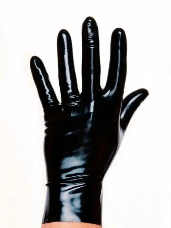 Glossy black and red seamless short latex gloves with moulded fit