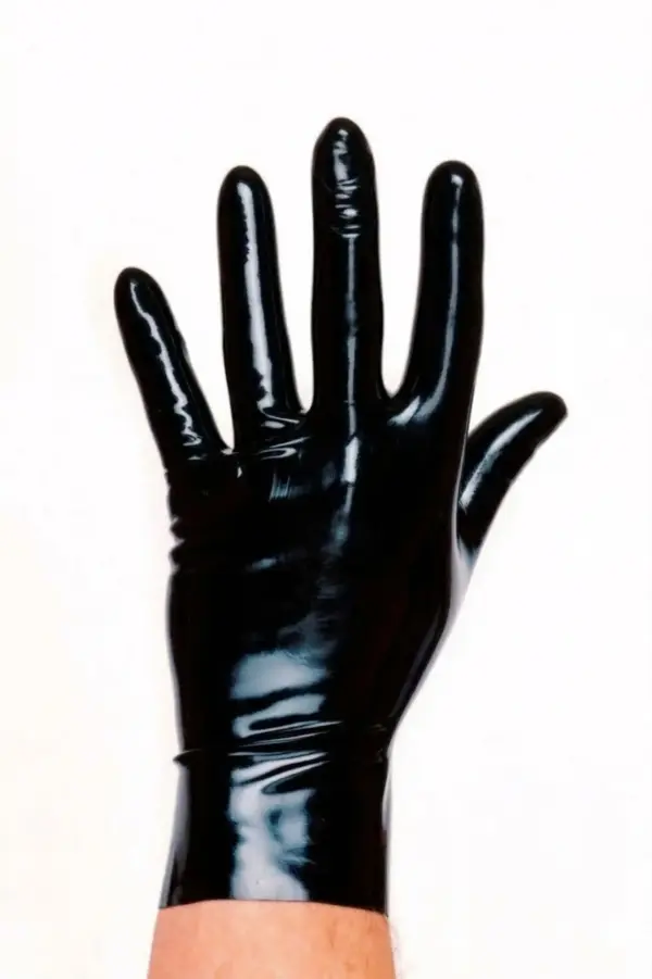 Glossy black and red seamless short latex gloves with moulded fit