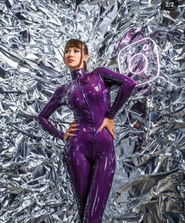 Luxe Violet Latex Catsuit with Front Triple-Zip