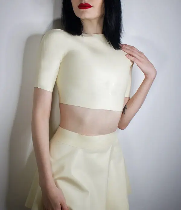 White Latex Short Sleeve Crop Top