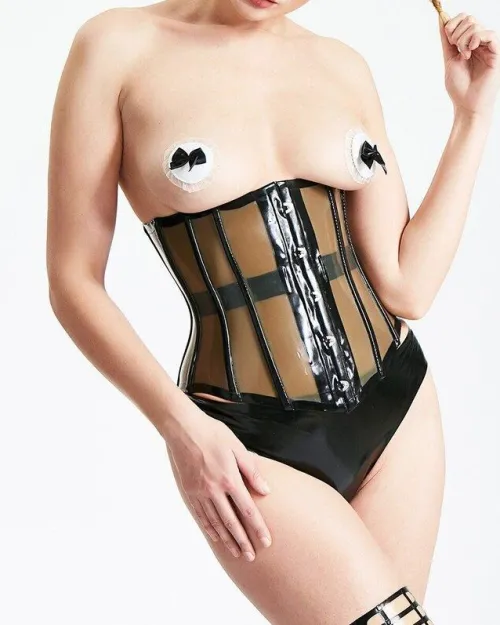 Luxe Latex Black Swan Corset with Lace-Up Back and Stainless Steel Buckles