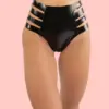 Glossy black high waisted latex cutout briefs with strappy sides and tummy control