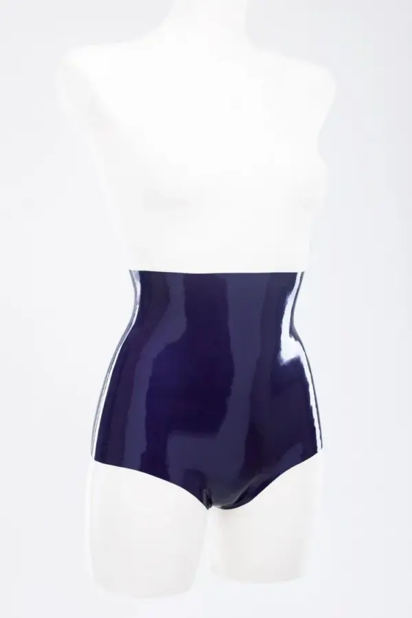 Glossy metallic purple High-Waisted Latex Shorts with tummy control sculpting fit
