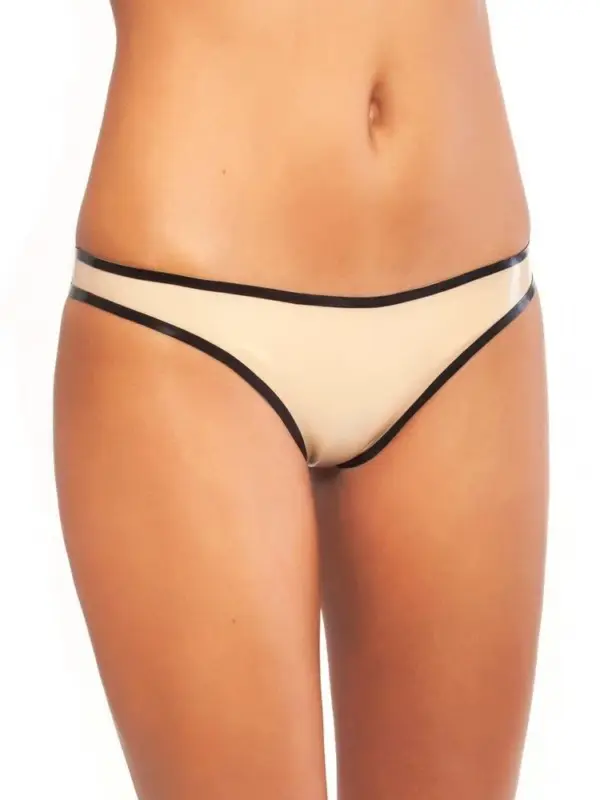 Latex Thong Panties with Contrast Trim beige and black front view