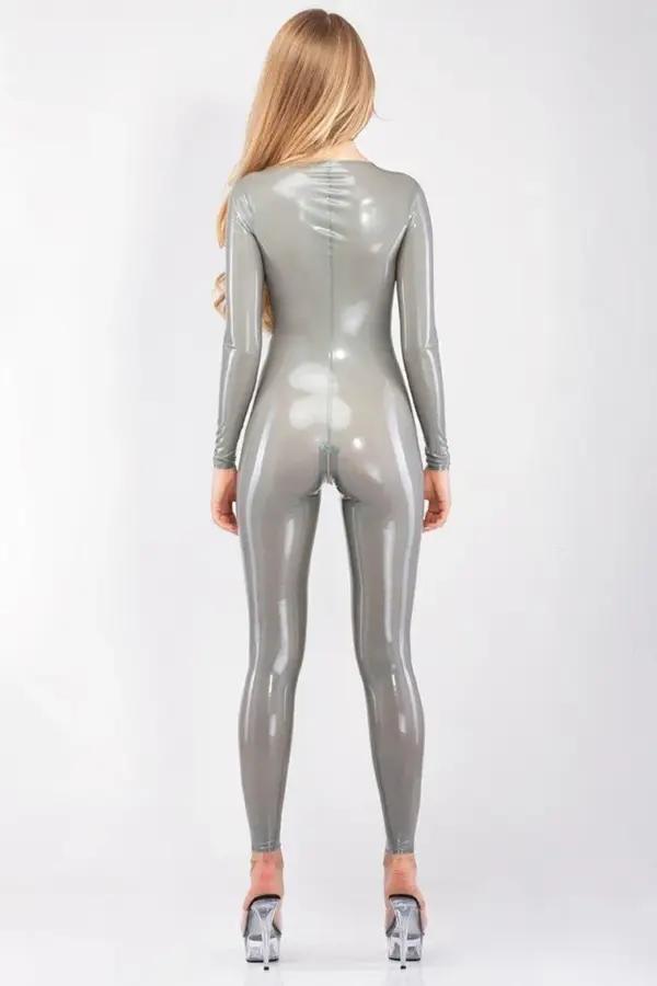 Silver Latex Catsuit with Deep Neckline – Seam Trim & Optional Zipper