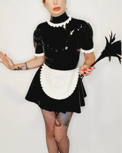 Latex Maid Servant Dress with Ruffled Apron front view