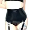 Glossy black latex high waisted harness panties with adjustable buckle garters worn with bra