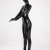 Glossy Black Integral Latex Catsuit with cat ear hood and gloves worn with collar