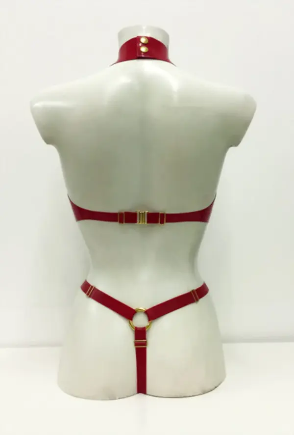 Zena Latex Thong with Strappy Harness Back – Adjustable High-Leg Cut | Red & Gold Hardware | Bondage-Inspired Look
