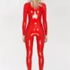 Red Latex Catsuit with Molded Cups & Closed Feet – Double-Slider Zipper Design