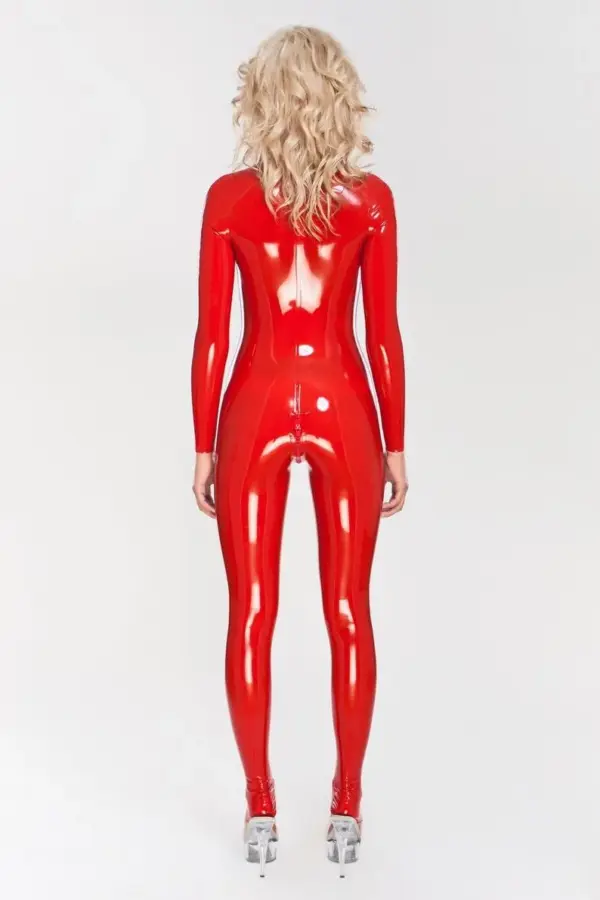 Red Latex Catsuit with Molded Cups & Closed Feet – Double-Slider Zipper Design