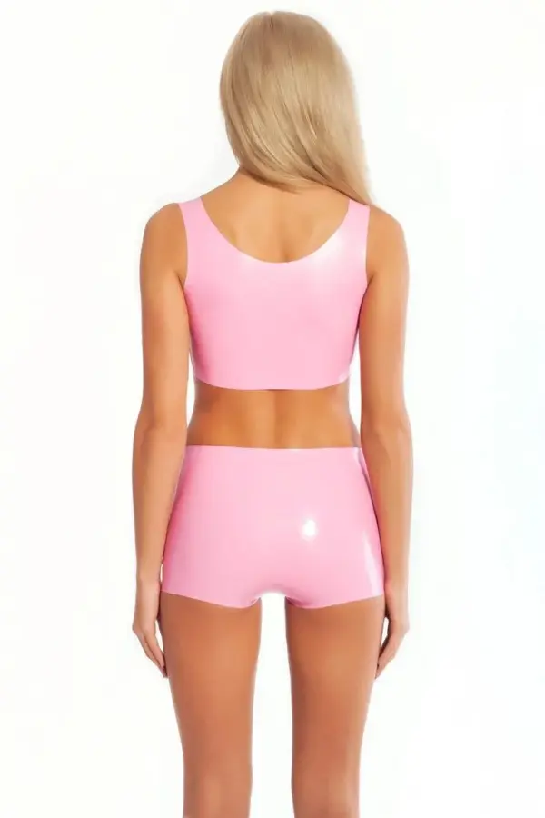 Pink Latex Shorts Set - 3D Relief Seams & Crop Top