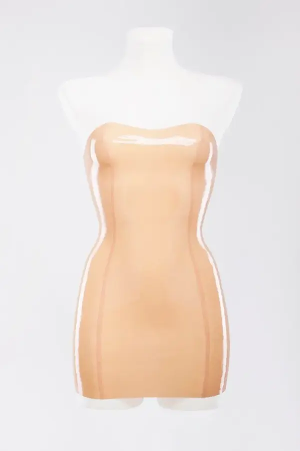Glossy mannequin translucent beige strapless latex tube dress with 4 shaping seams