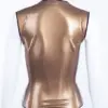 Model wearing metallic rubber fetish front zip vest showing deep v cleavage and effortless wear