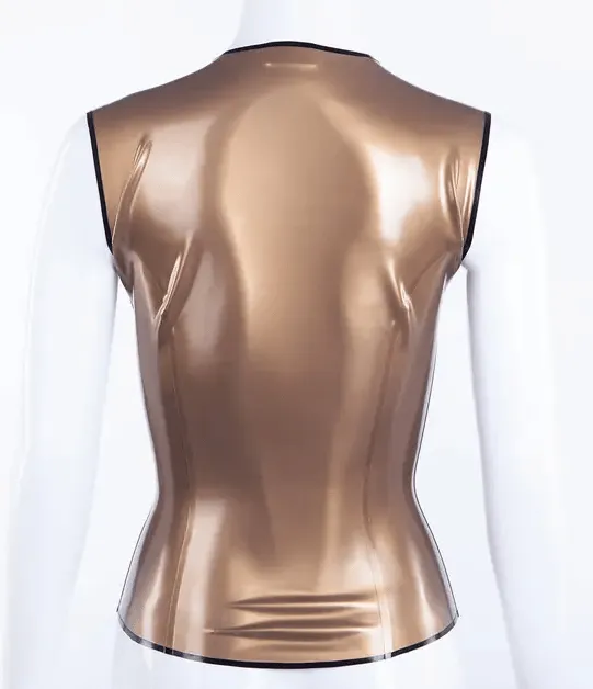 Model wearing metallic rubber fetish front zip vest showing deep v cleavage and effortless wear
