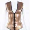 Glossy antique gold latex deep v top with front zipper and black contrast trim front view