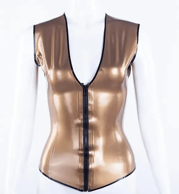 Glossy antique gold latex deep v top with front zipper and black contrast trim front view