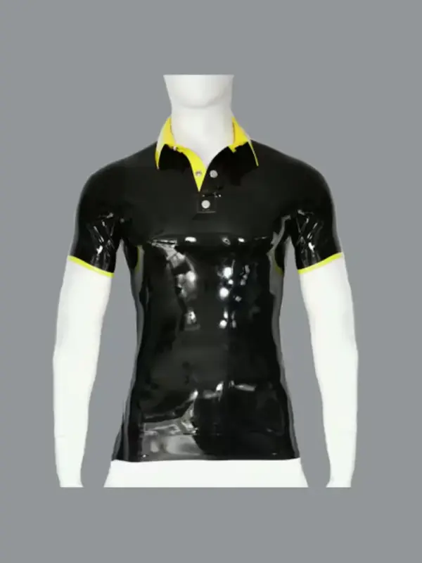 Men's Latex Contrast Polo Shirt black with yellow collar and stud details