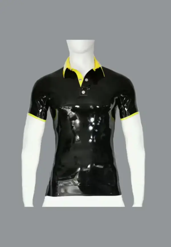 Men's Latex Contrast Polo Shirt black with yellow collar and stud details