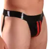 Close up of front zip on black and red latex underwear