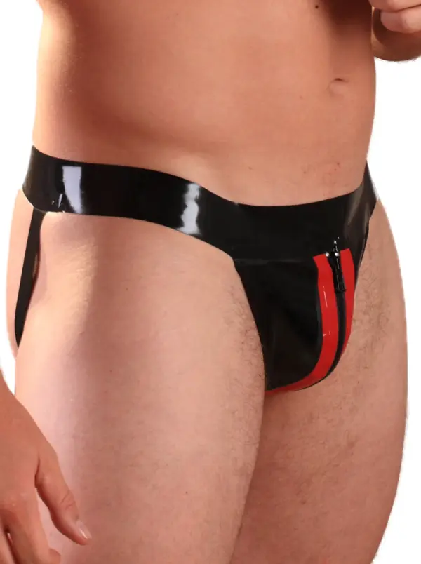 Close up of front zip on black and red latex underwear