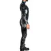 Side profile view of men's paneled latex catsuit showing masculine fit