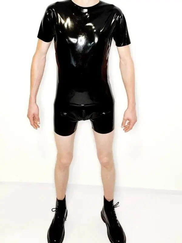 Men's Latex T-Shirt short sleeve rubber tee black front view