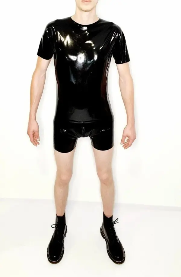 Men's Latex T-Shirt short sleeve rubber tee black front view