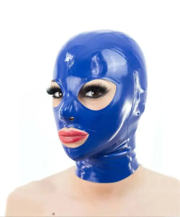 Blue Latex Hood with trimmed eyes and mouth front view