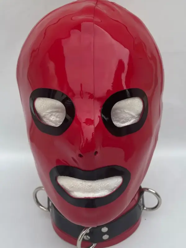 Red Latex Gimp Hood with black trim and D-ring collar front view