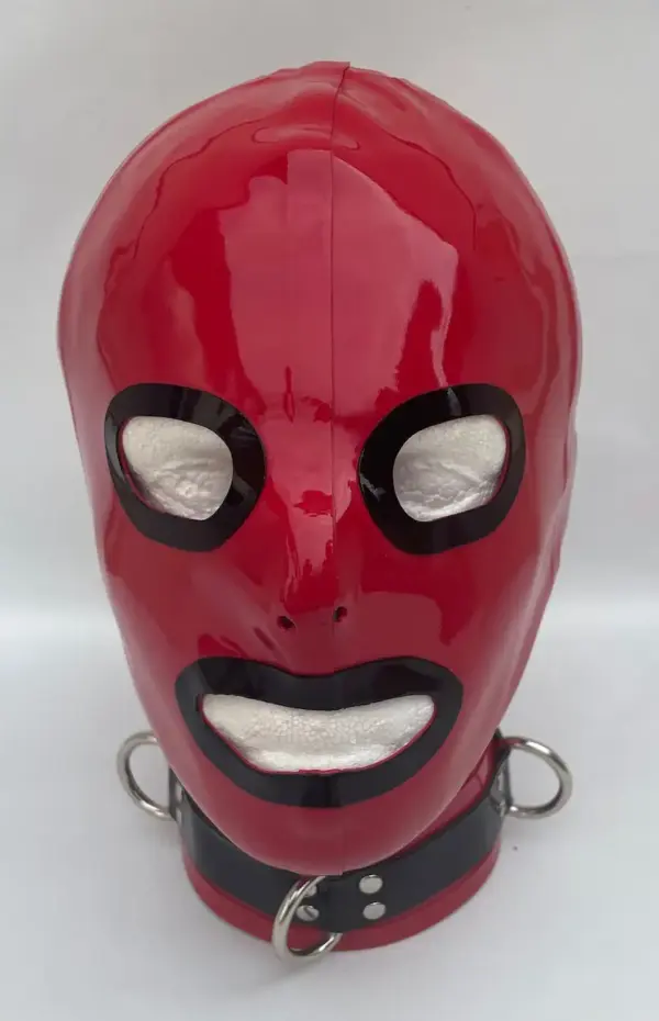 Red Latex Gimp Hood with black trim and D-ring collar front view