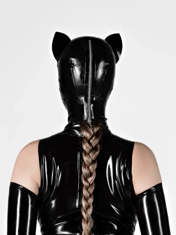 Black latex catwoman hood paired with bodysuit for clubwear