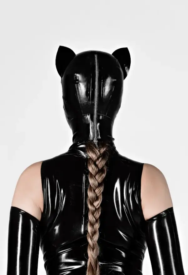 Black latex catwoman hood paired with bodysuit for clubwear