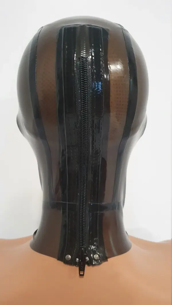 Close up of translucent black latex hood showing see through effect