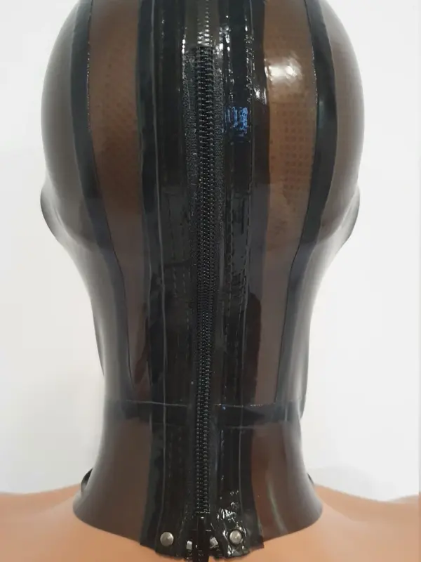 Close up of translucent black latex hood showing see through effect