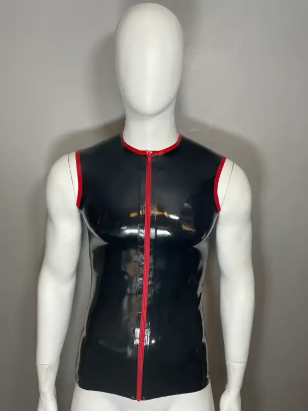 Men's Latex Muscle Shirt - Red Trim & Front Zip (0.45mm)