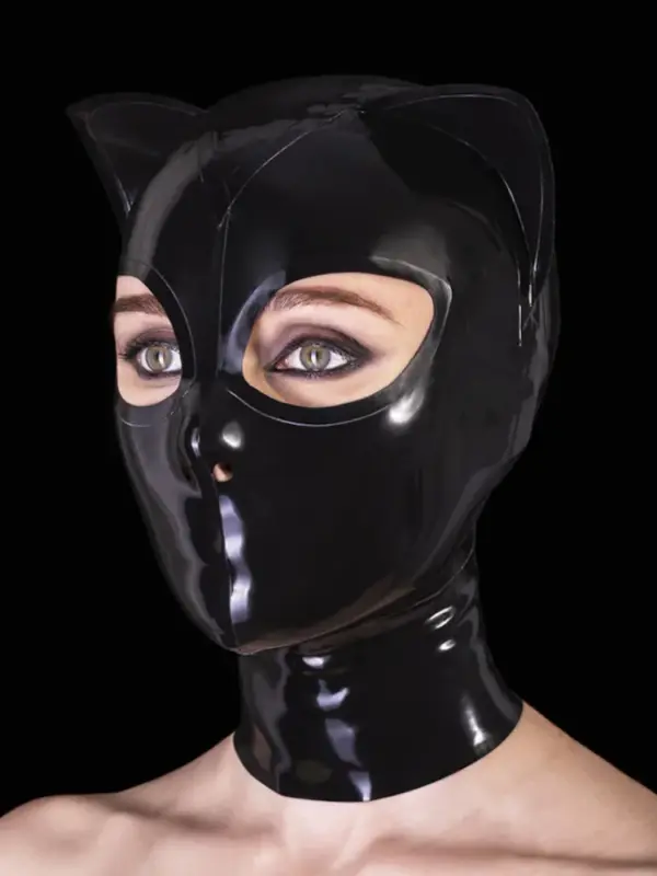 Black Latex Cat Mask with closed mouth and molded ears front view