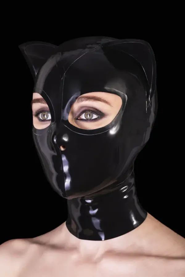 Black Latex Cat Mask with closed mouth and molded ears front view
