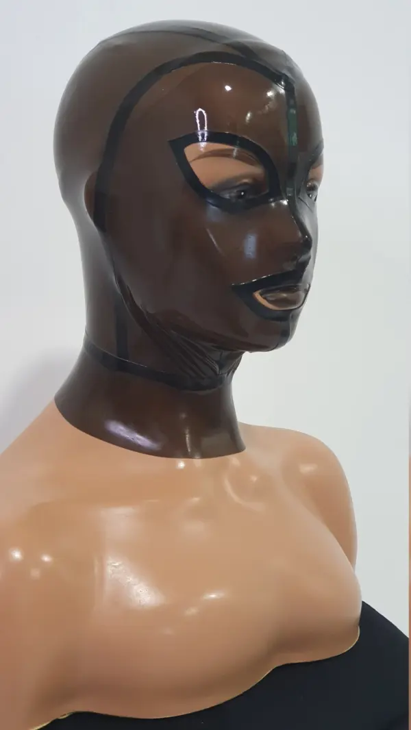 Side view of semi sheer rubber mask with black contrast trim