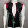 Close up of red piping and zipper on sleeveless rubber vest
