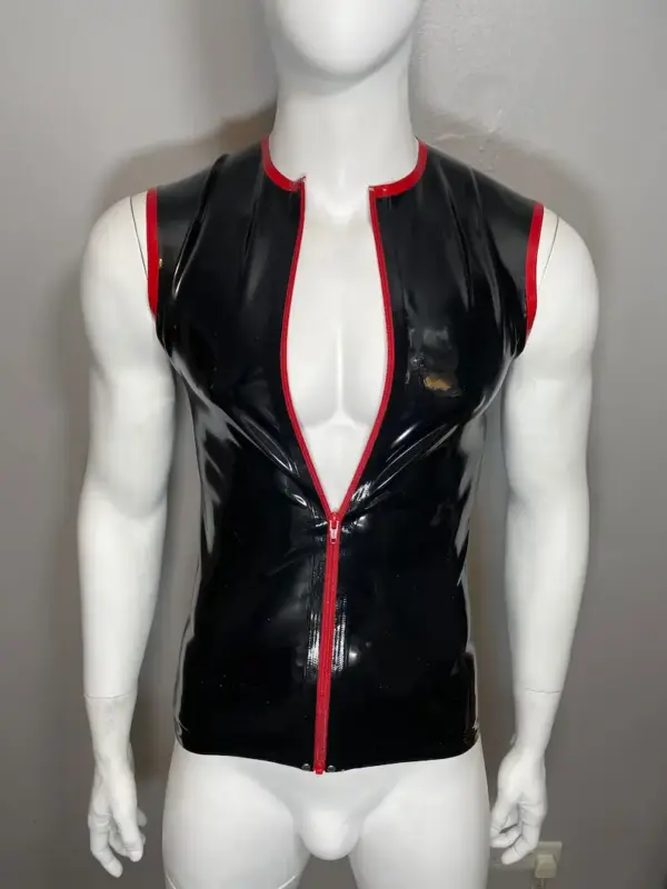 Close up of red piping and zipper on sleeveless rubber vest