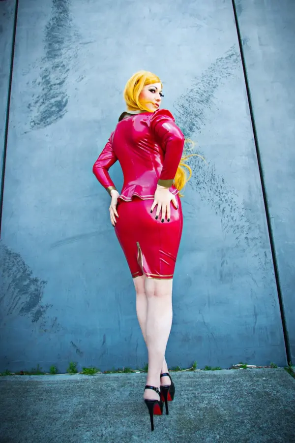 Military-Inspired Plum Latex Jacket with Decorative Buttons and Gold Trim