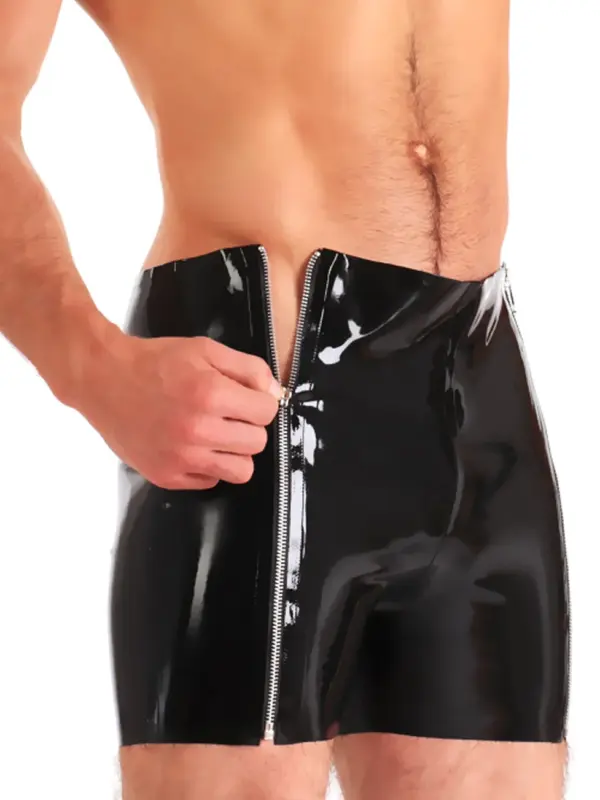 Close up of dual silver zippers on black rubber underwear