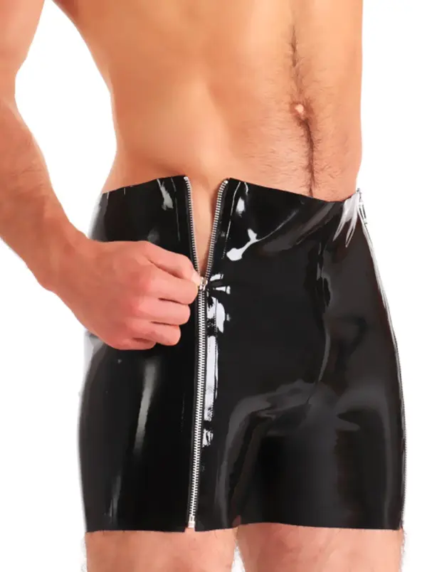 Close up of dual silver zippers on black rubber underwear